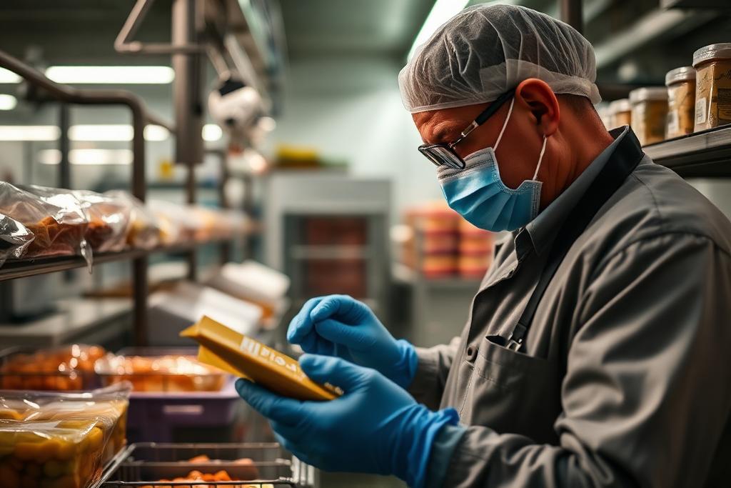 Food safety inspector examining packaged food in a factory