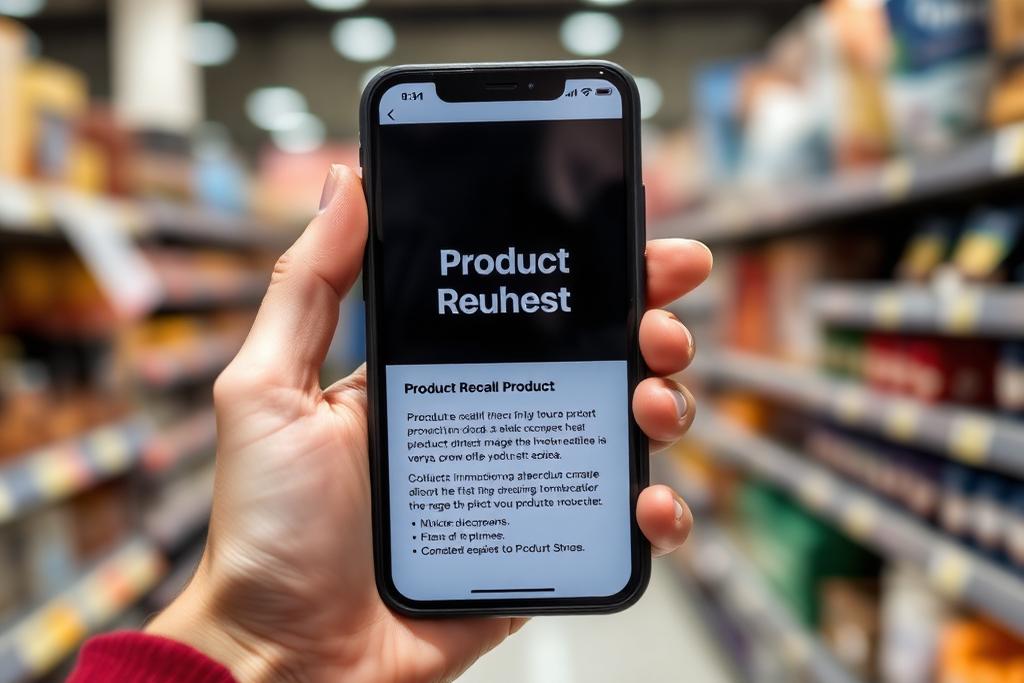 Hand holding a smartphone showing a product recall notice in a store aisle